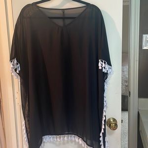 Black Swimsuit Cover Up With White Fringe - 2XL